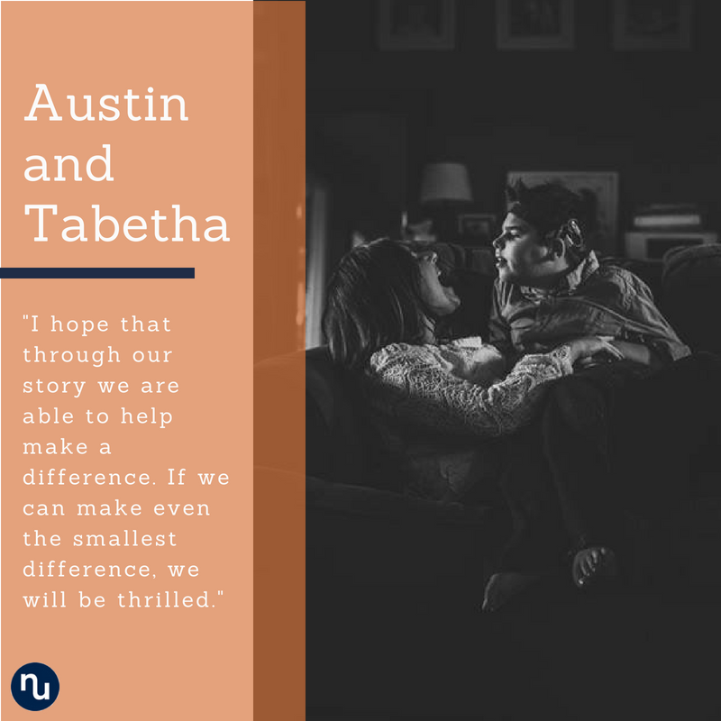 A black-and-white photo of Customer Ambassador Austin and Tabetha smiling and playing on a couch. Beside them is a quote about making a difference and a logo in the bottom left corner.