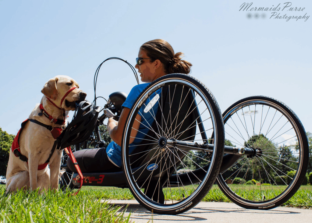 A woman in a handcycle, wearing sunglasses, sits on a path beside a yellow service dog under a sunny sky. The dog, in a red harness, looks at her warmly—capturing a moment from Katelynnes Story.