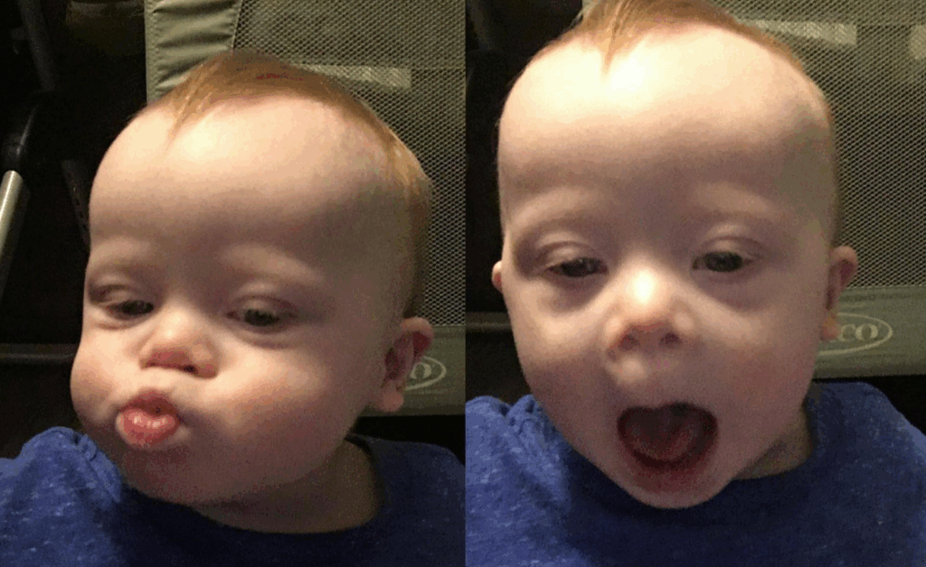 Side-by-side photos tell the story of a baby with light hair in a blue Levis shirt. On the left, the baby puckers their lips; on the right, their mouth is open wide in surprise.