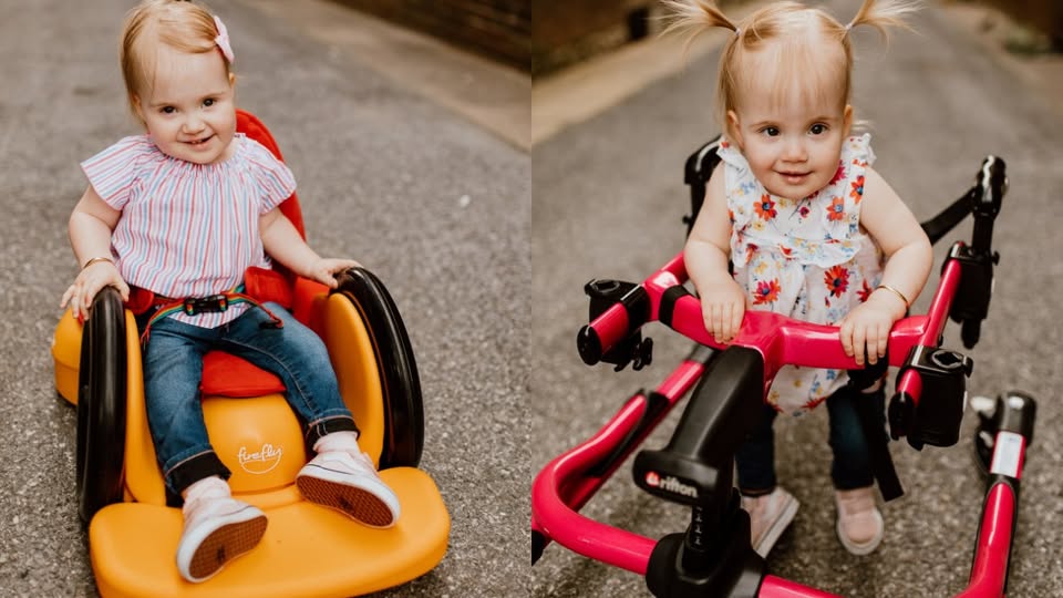 A smiling toddler named Harper with blonde hair in pigtails is shown in two photos: on the left, she sits in a yellow adaptive chair; on the right, she uses a pink walker outdoors, sharing part of her inspiring story.