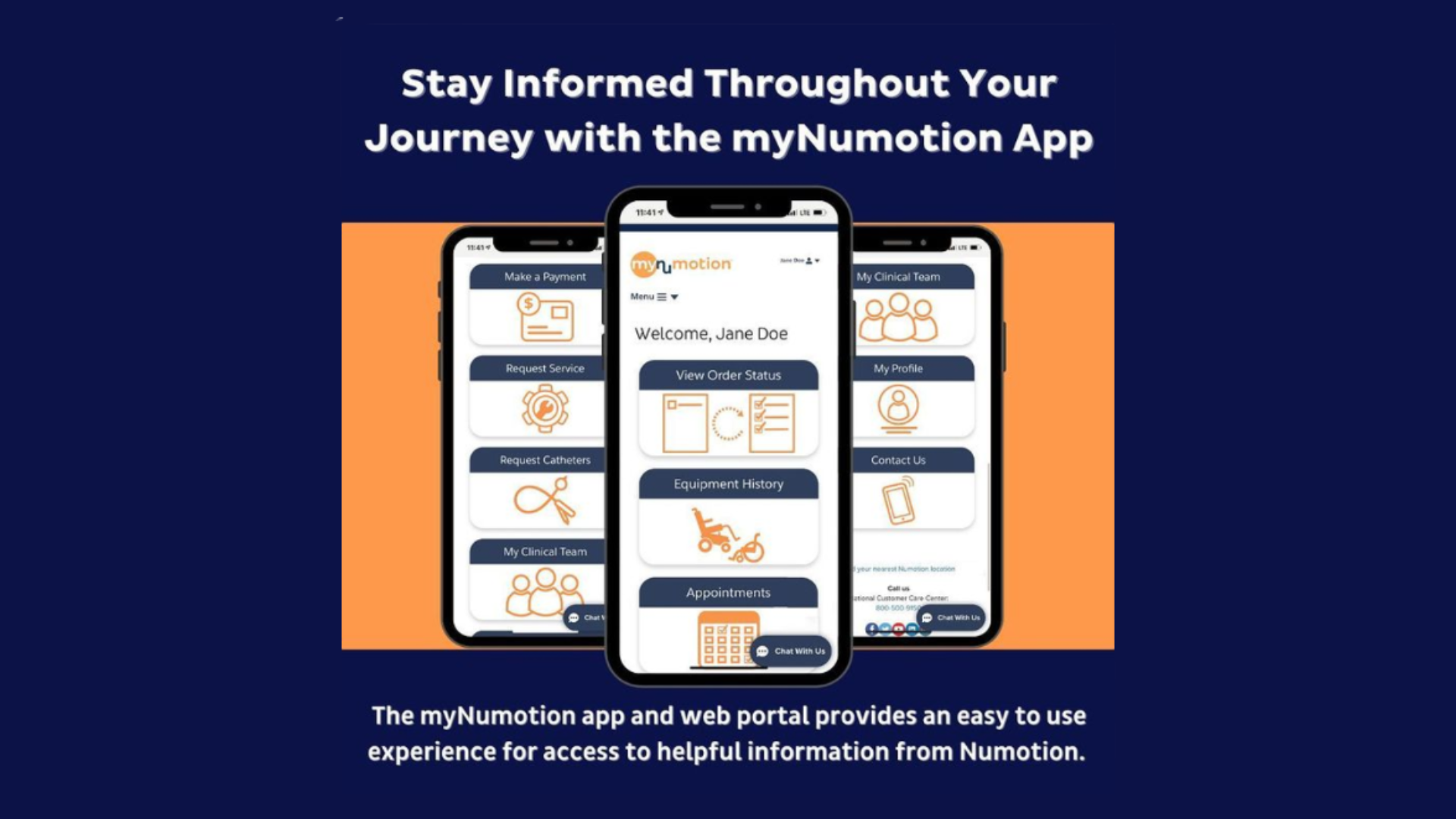 Three smartphones display the myNumotion app interface, showing features like order status, equipment history, and appointments. Text above promotes staying informed with the app’s benefits, and a caption below highlights its ease of use.