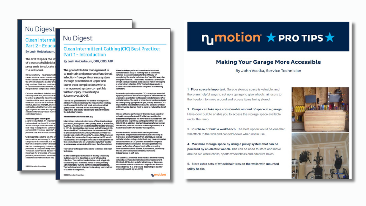 Three pages of printed materials: two display NuDigest articles with text blocks, while the third features a NuMotion Pro Tips guide, Making Your Garage More Accessible, with a photo of a wheelchair in a garage.