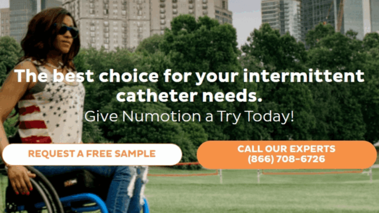 A woman in sunglasses and a star-spangled shirt enjoys a park. Text reads: The best choice for your urological needs. Give Numotion Medical Supply a try today! Request a free sample. Call our experts (866) 708-6726.