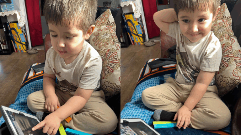A young boy sits on a couch using a tablet. In one photo, he is focused, touching the screen. In the other, he smiles with one hand behind his head. Colorful toys and pillows surround him as if part of his own Darwins Story of discovery.