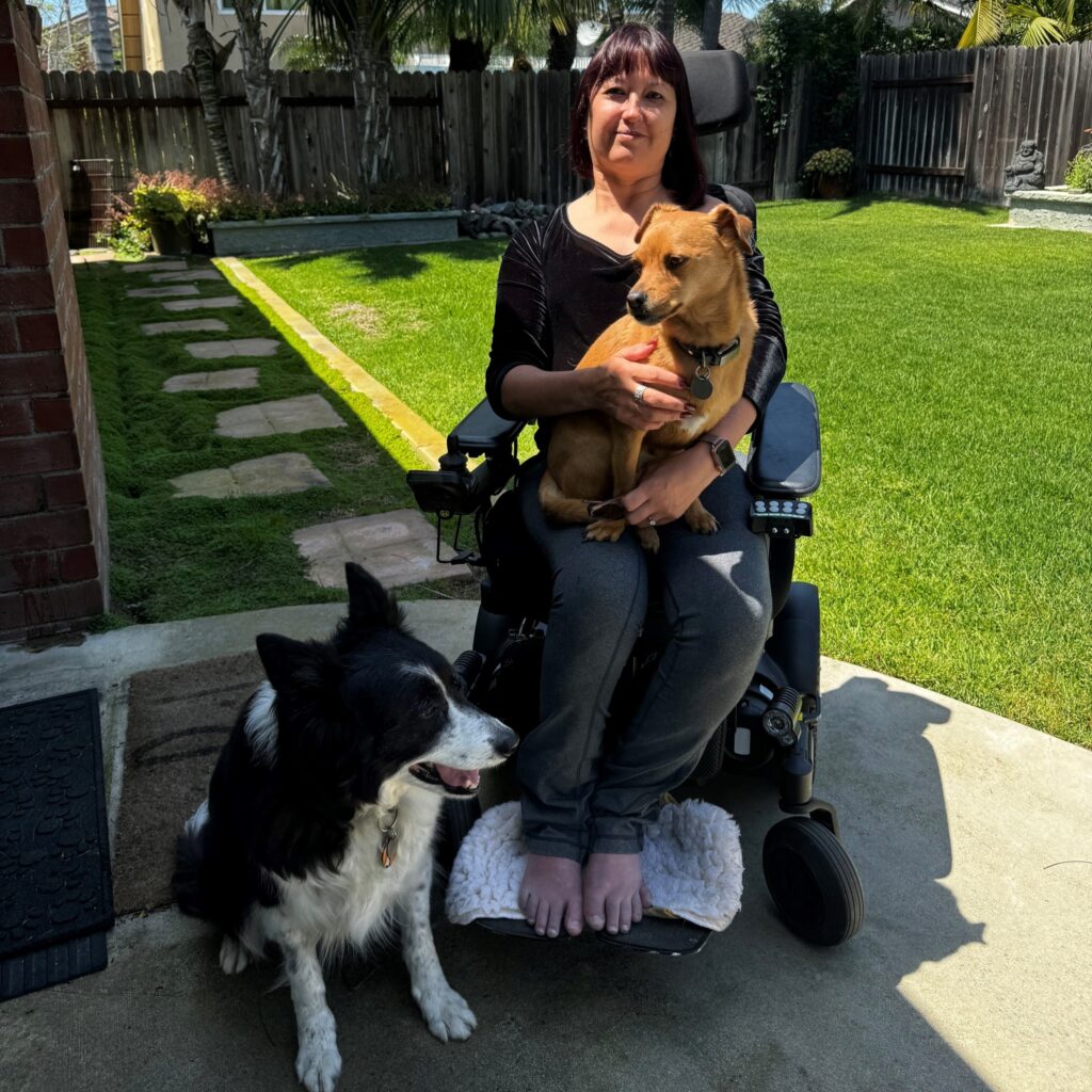 Tricias Story: A woman in a motorized wheelchair enjoys a sunny day outdoors, holding a small brown dog on her lap while a black and white dog sits beside her. A green lawn and wooden fence complete the peaceful scene.