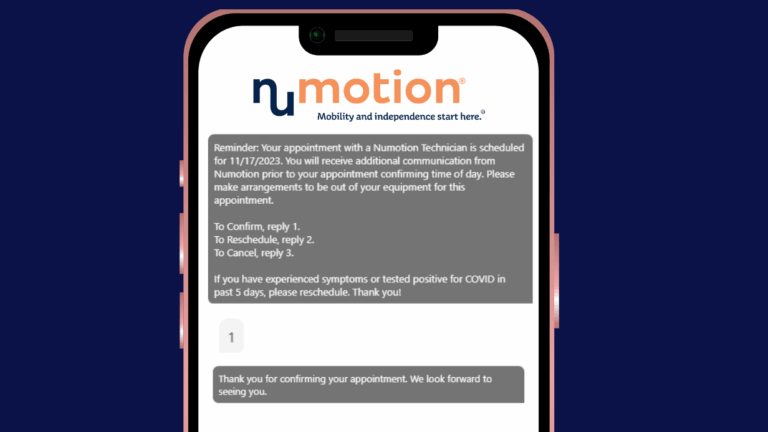 A smartphone screen displays a text from Numotion about an upcoming service and repair appointment, with responsive texting options to confirm, reschedule, or cancel, plus a reminder about COVID precautions.