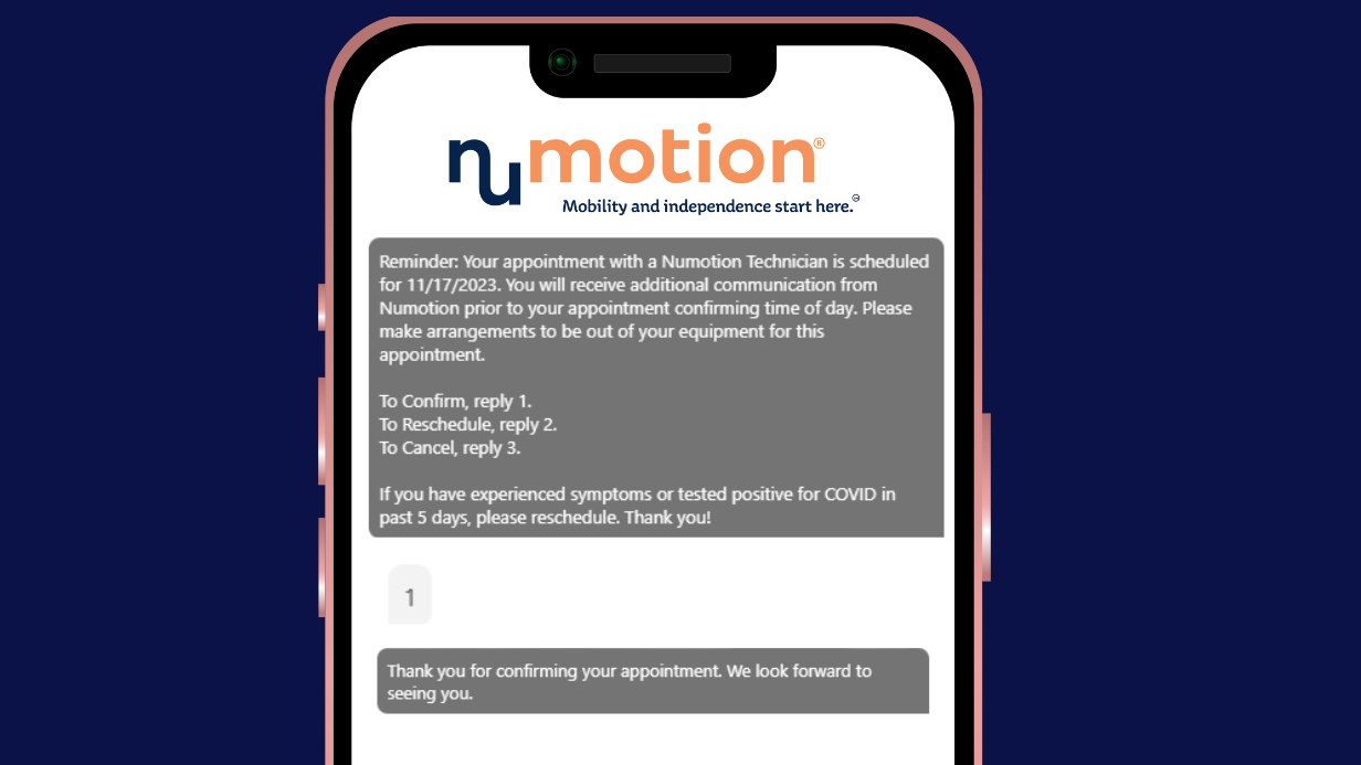 A smartphone screen displays a text from Numotion about an upcoming service and repair appointment, with responsive texting options to confirm, reschedule, or cancel, plus a reminder about COVID precautions.