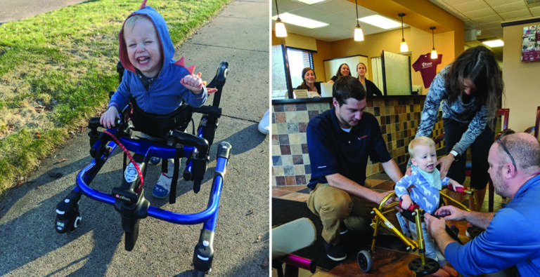 Left: A smiling toddler in a blue walker on a sidewalk outdoors. Right: Adults help the same toddler, now indoors, try a yellow mobility walker as others watch and smile.