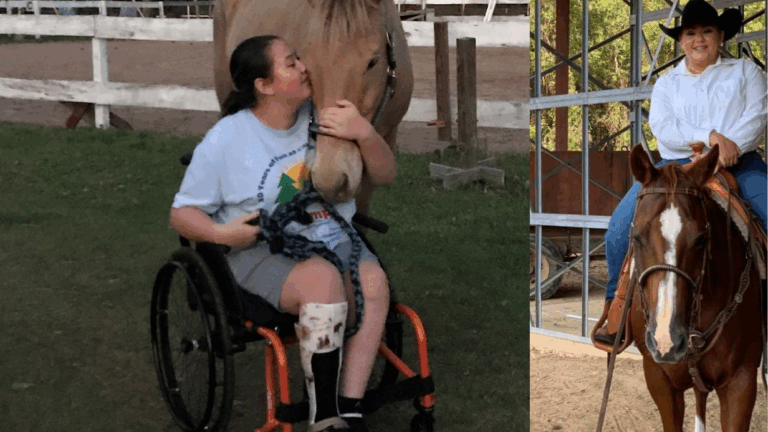 A young woman in a wheelchair affectionately hugs a horse outdoors, sharing a touching moment from Analieses Story, while another woman in a cowboy hat smiles as she rides in an indoor arena.
