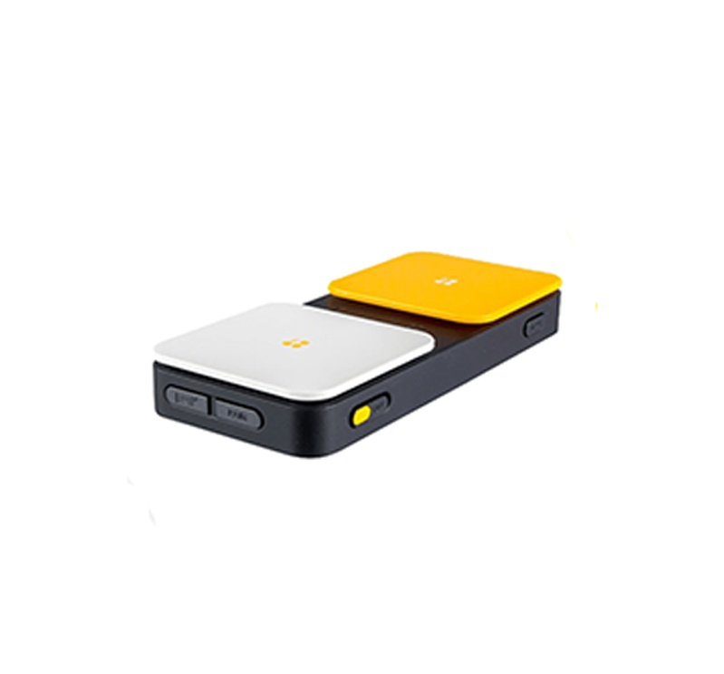 A compact black device with two rectangular buttons on top—one white and one yellow—and a yellow switch on the side. The device features clearly labeled power and function buttons on the front for easy operation.