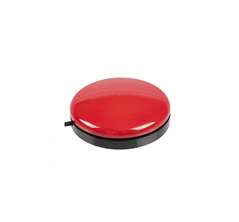 A large, round, red emergency button with a glossy surface is mounted on a black base and displayed against a plain white background.