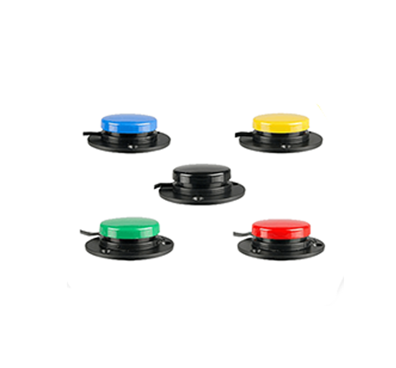 Five round push buttons in blue, yellow, black, green, and red are arranged in a semicircle on a white background. These vibrant buttons are each mounted on a black base.