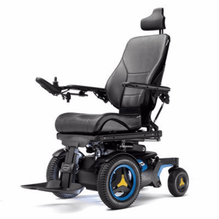 A modern complex rehab power wheelchair with a sleek black frame, contoured seat, high backrest, and head support. The chair features bright yellow and blue wheel accents and is shown against a plain white background.