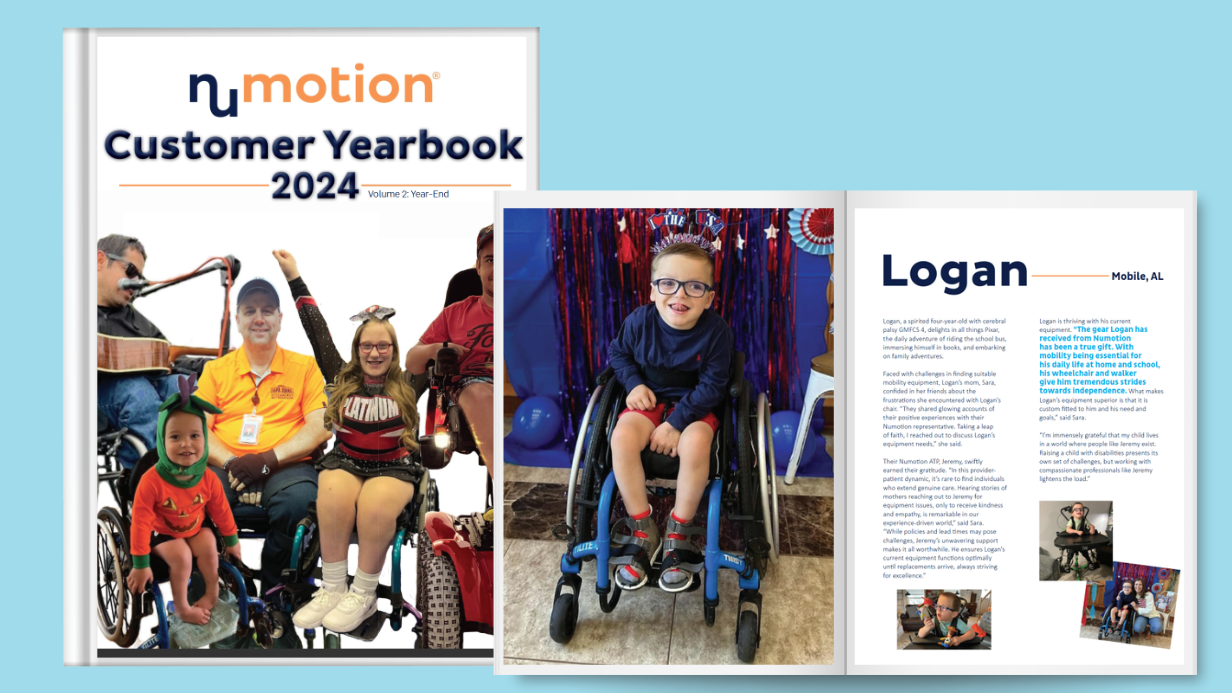 A collage featuring the 2024 nMotion Annual Customer Yearbook cover with smiling wheelchair users, an inside spread with a boy in a wheelchair, and a page titled “Logan” with text beside his photo.