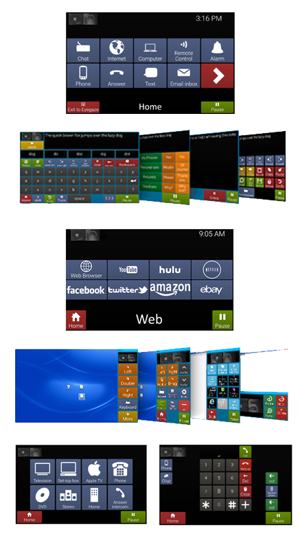 A collage of five screenshots displays Eyeworld user interfaces, featuring home menus, grids of app icons, colorful tiles, and web service options like YouTube, Hulu, Facebook, and Amazon.