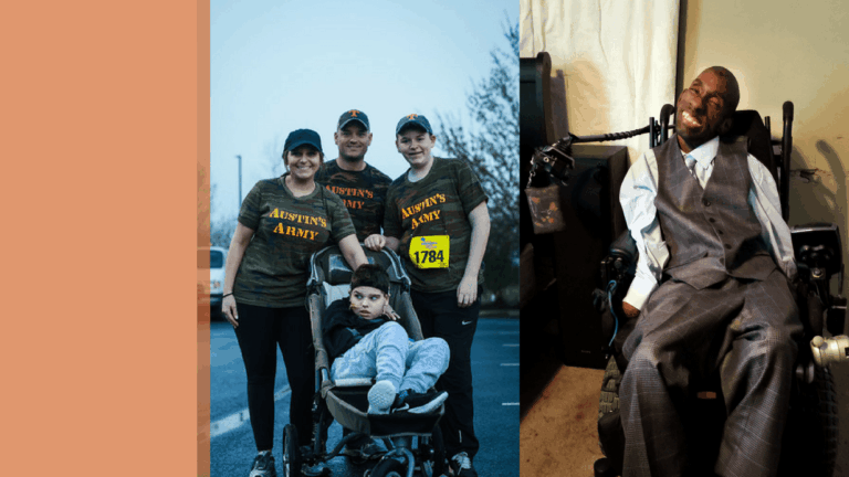 Four people wearing Austins Army shirts stand outside with a child in a stroller; on the right, Customer Ambassador smiles while seated in a wheelchair inside a room.