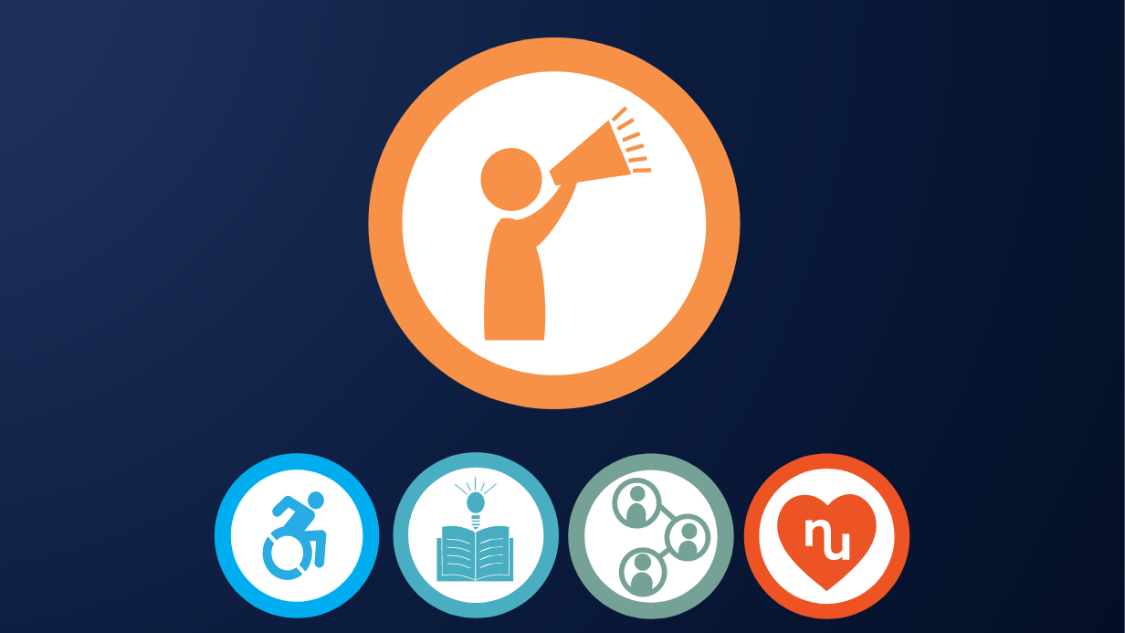 A large circular icon of a person speaking through a megaphone is above four smaller icons: an accessibility symbol, an open book, connected people, and a heart with nu inside. The dark blue background highlights Numotion’s commitment to Enhanced Mobility and Advocacy Updates.