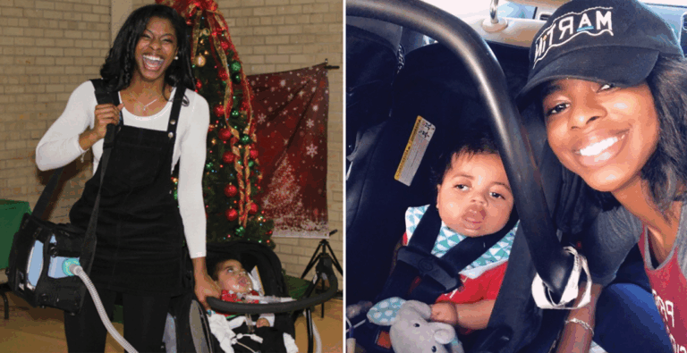 On the left, a smiling woman stands by a festive Christmas tree, holding a stroller with her child. On the right, she takes a joyful selfie with the same child in a car seat, both beaming at the camera.