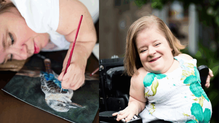 Katherines Story: A woman with short stature in a white dress with green patterns smiles outdoors in a wheelchair. In another image, she paints a detailed bird illustration while lying on her side.
