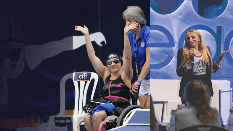 A female Paralympic swimmer smiles and waves in her wheelchair, wearing a swim cap and goggles, while a woman stands beside her. On the right, a woman shares McKenzies Story on stage at a conference, addressing an audience.