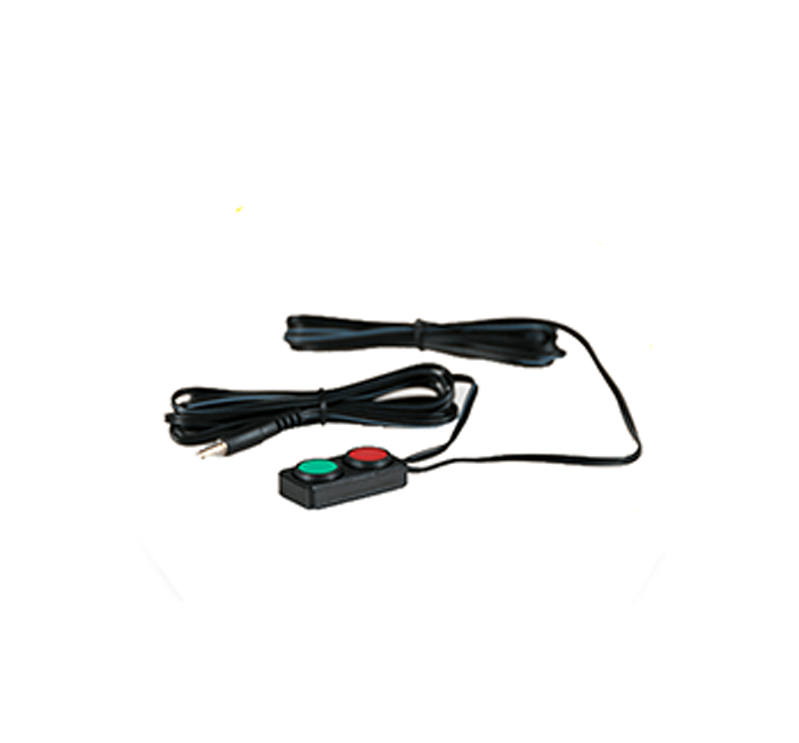 A black wired remote control featuring a green and a red button, connected by a long cable with a standard audio jack plug. The background is plain white, emphasizing its simple, functional design.