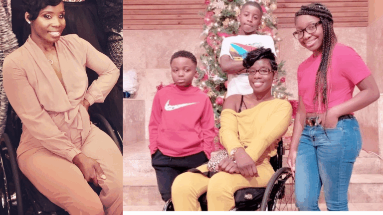Nakia, dressed in a tan outfit, smiles as she sits in her wheelchair by a Christmas tree, surrounded by three joyful children—creating a warm holiday story.