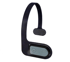 A Quha headband switch featuring a curved, minimalist design with an integrated switch unit positioned near the ear. The black band wraps around the back of the head for secure, hands-free use.