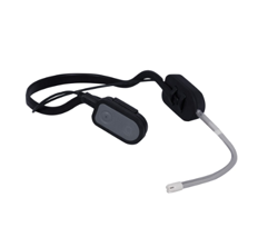 A Quha Pufo puff switch featuring a slim black strap, compact control module, and a flexible gray tube with a mouthpiece. The device is designed for hands-free input using puff gestures.