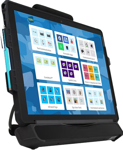 A tablet with a rugged black case and stand displays a colorful grid of communication app icons, including Mind Express, on its screen. A stylus is attached to the side of the device.