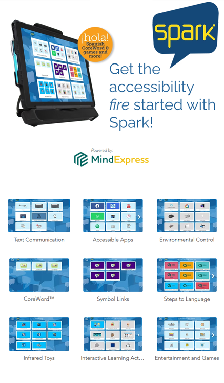 A tablet displays the Forbes SPARK Dashboard app interface, promoting accessibility features. Below, icons illustrate categories: communication, apps, environmental control, games, learning, toys, CoreWord™, and more. Text highlights Spanish support.