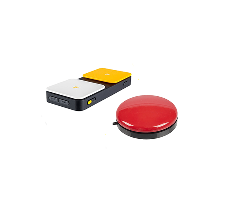 A black, white, and yellow adaptive switch device sits beside a large, round, red accessibility button on a white background.