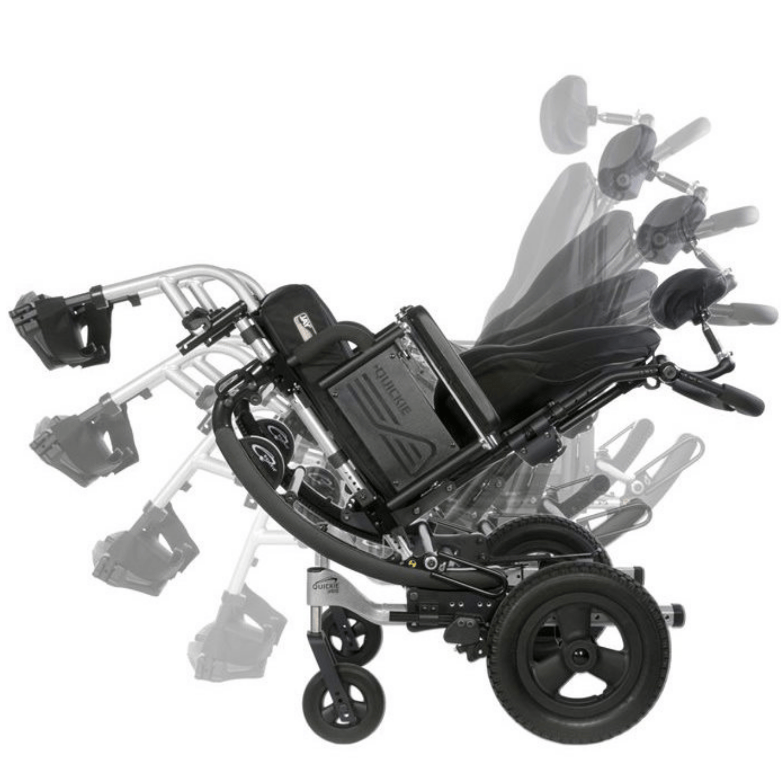 A tilt-in-space wheelchair shown in multiple recline positions, demonstrating the range of motion. The black frame and cushioned seat are set against a plain white background.