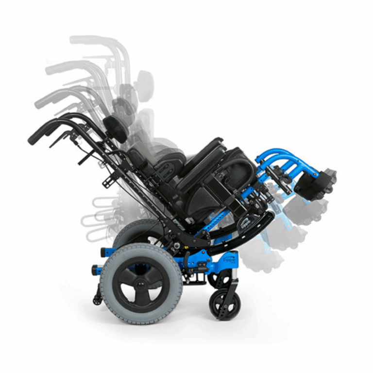A side view of a blue tilt-in-space wheelchair shown in multiple recline positions. The composite image illustrates the range of tilt adjustment for enhanced comfort and pressure relief.