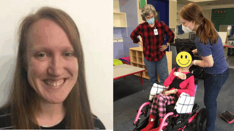 A woman with long red hair smiles at the camera in a portrait. In a second photo, she and another woman, both wearing masks, assist a child using a wheelchair. The childs face is covered with a smiley face graphic as part of Christys Story.