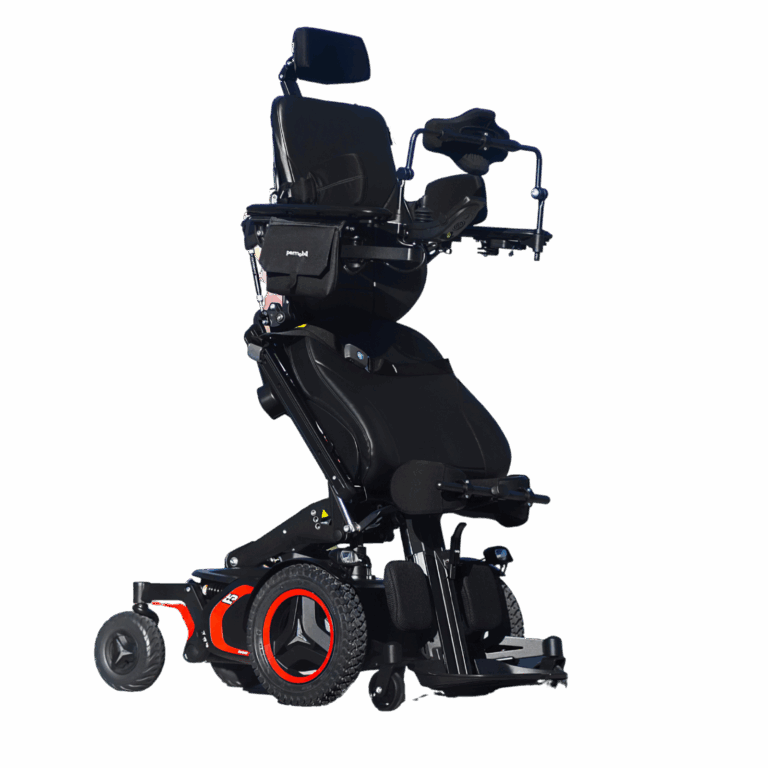 A modern black and red Complex Power Standing Wheelchair with a tilting seat, elevated backrest, supportive headrest, and adjustable armrests, designed for advanced mobility and comfort.