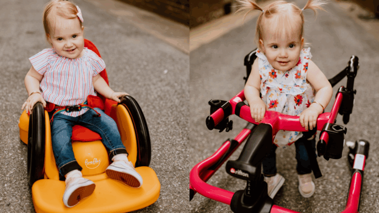 Two young toddlers, Harper and Margaret, smile outdoors. One sits in a yellow adaptive wheelchair while the other uses a pink walker. Both wear casual clothes and appear happy and active, sharing their story of friendship and fun.