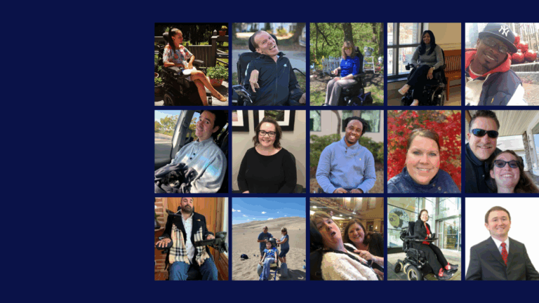 A collage of 15 diverse people, including members of a Customer Advisory Board, sitting or smiling in various indoor and outdoor settings against a dark blue background.
