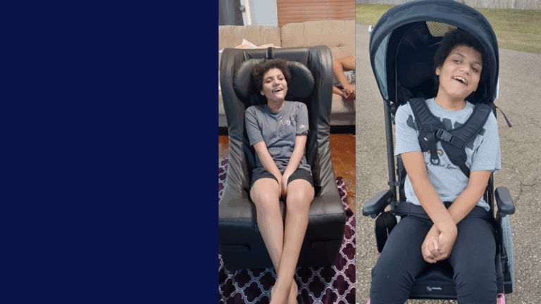 Side-by-side photos of a smiling child with curly hair: indoors, Amayas Story begins in a black armchair; outdoors, sitting in a stroller. Both times wearing a gray t-shirt and dark shorts.
