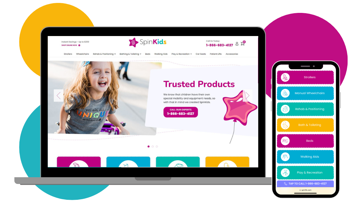 A laptop and smartphone display the SpinKids website, showing a smiling child and accessible product categories like strollers and walking aids. The bright colors and playful shapes create a unique shopping experience just for kids.