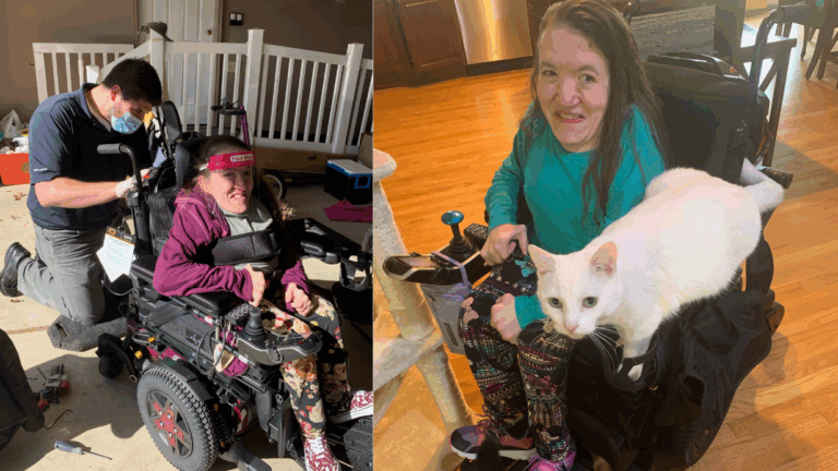 Split image: Left—Rebecca’s Story: A smiling woman in a wheelchair gets repairs from a man in a mask. Right—The same woman at home, smiling, with a large white cat sitting on her wheelchair.