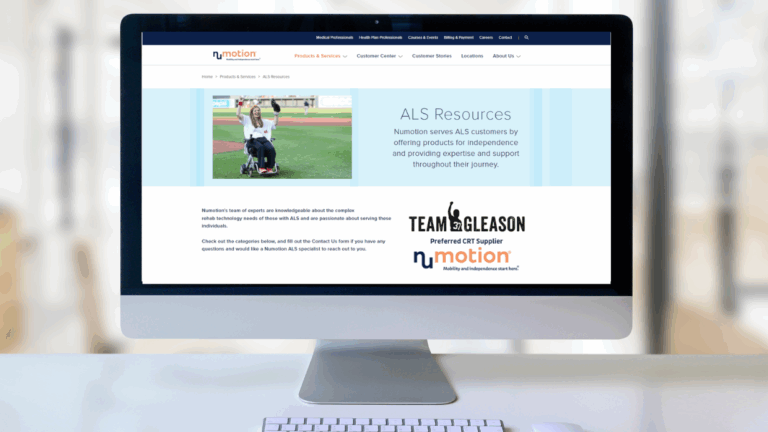 A computer monitor displays the Numotion ALS Resources page, featuring a woman in a wheelchair outdoors, text about empowering individuals with ALS, and partnership logos for Team Gleason and Numotion.