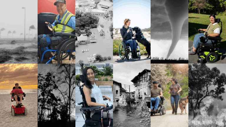 A collage of people using wheelchairs in diverse settings—beaches, city streets, and outdoors—paired with images of natural disasters like tornadoes and hurricanes, emphasizing the importance of Disaster Preparedness and Emergency Planning.