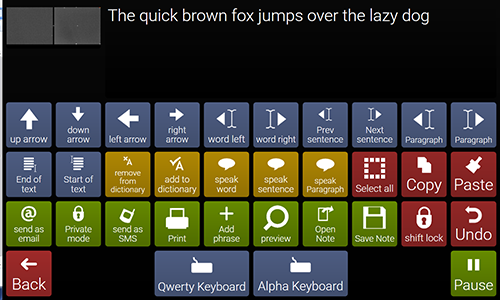 On-screen keyboard with various navigation and text editing buttons, including arrow keys, copy, paste, save, undo, and keyboard layout options. Eyegaze technology enables users to select keys. The sentence appears at the top: The quick brown fox jumps over the lazy dog.