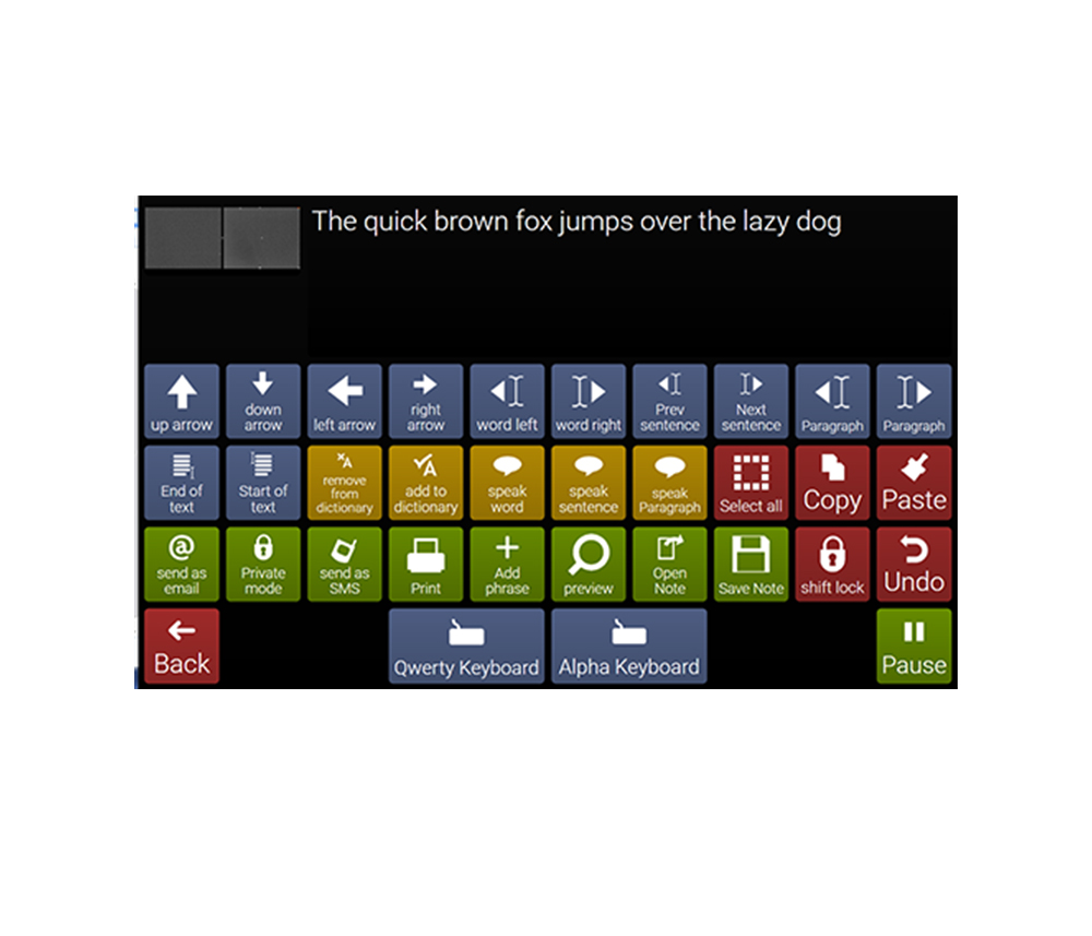 On-screen keyboard with colored buttons for navigation, text editing, and functions like copy, paste, undo, and sending messages. Eyegaze support enhances usability. A sample sentence appears above the keys: The quick brown fox jumps over the lazy dog.