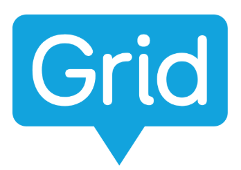Blue rectangular sign with rounded corners and a downward-pointing arrow at the bottom, featuring the word Grid in large white letters, often used to indicate grid parking locations.