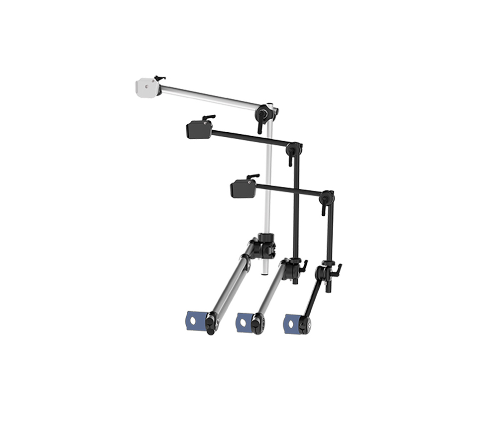 Three adjustable metal and plastic support arms with mounting brackets are shown, each arm featuring joints and clamps for positioning and securing objects, ideal for integrating voice technology or speech solutions, isolated on a white background.