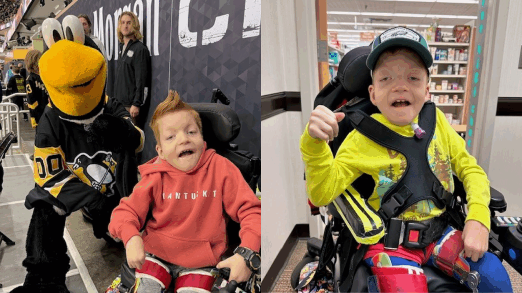 Noahs Story: A boy smiles in two photos—on the left, hes with a penguin mascot at a sports arena; on the right, he wears a cap and yellow shirt in a store, raising his fist and smiling.