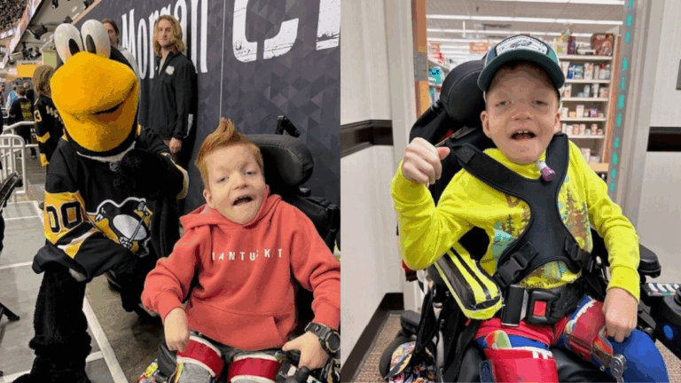 Noahs Story: A boy smiles in two photos—on the left, hes with a penguin mascot at a sports arena; on the right, he wears a cap and yellow shirt in a store, raising his fist and smiling.