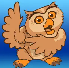Cartoon owl with wide orange eyes and open beak, raising one wing and standing on two feet, set against a vibrant blue background, exuding a playful charm.