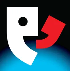 A stylized white quotation mark with a black dot forms a face, and a red comma appears as a smiling mouth, set against a modern black and blue gradient background.
